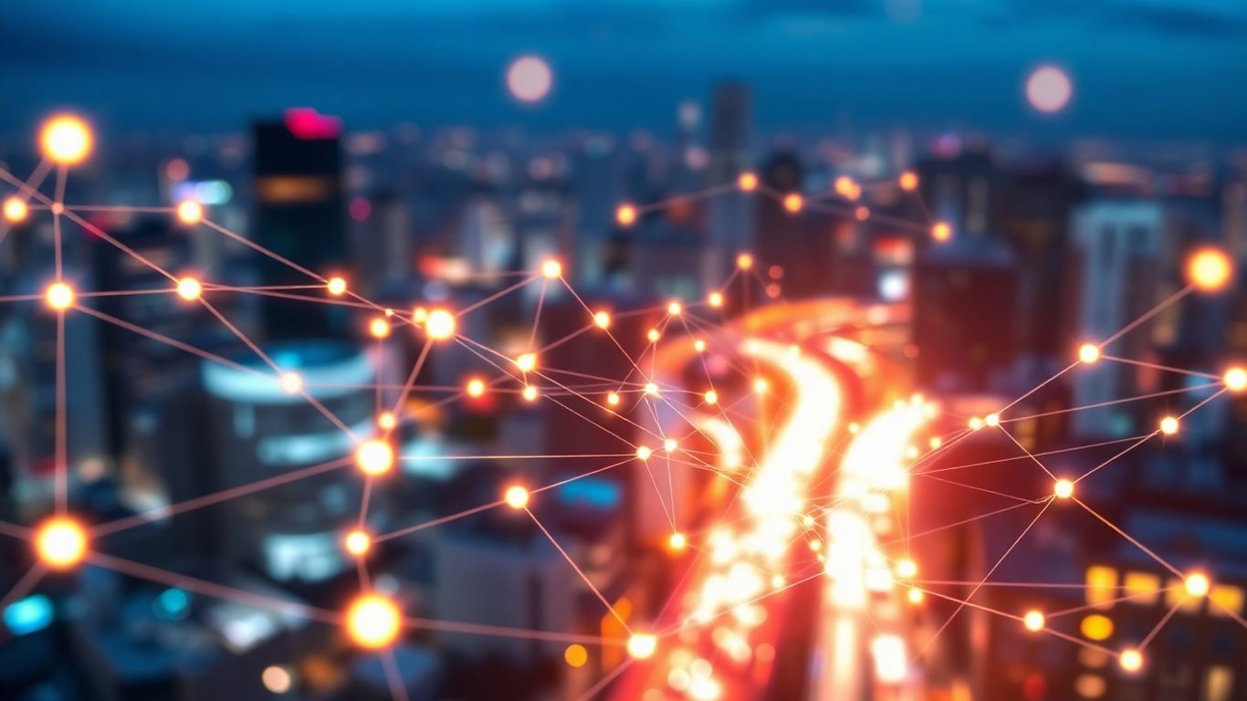 5G network connecting mobile devices and cities.