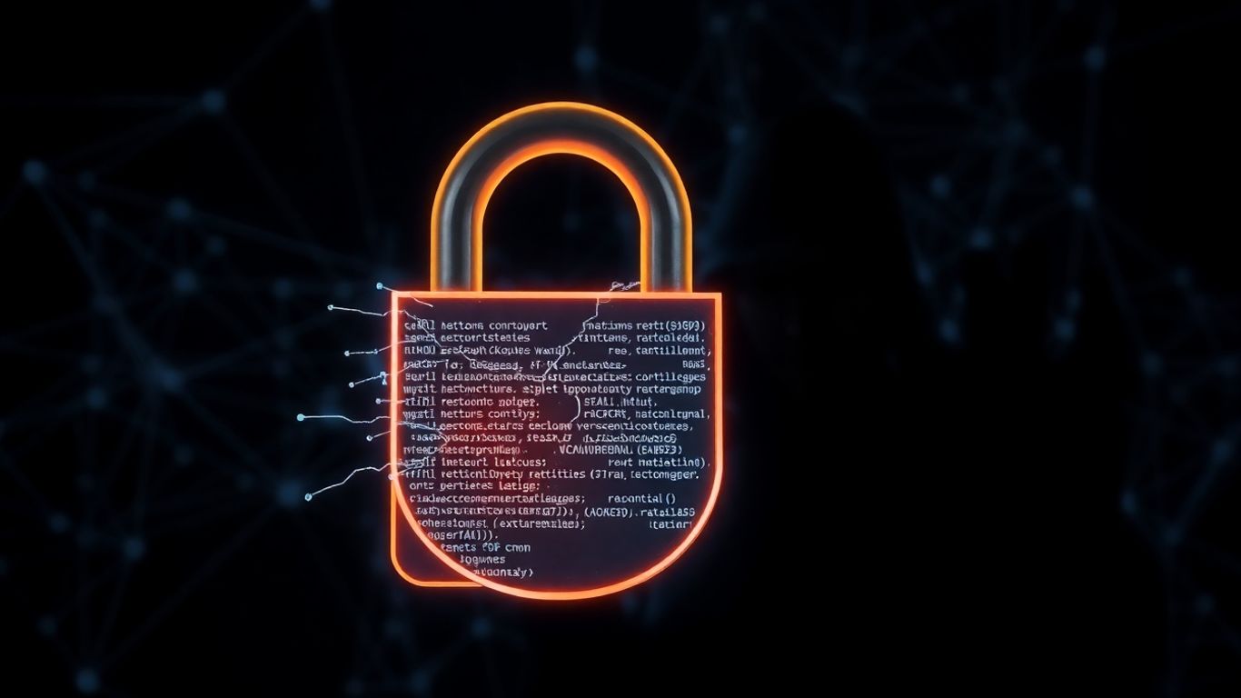 Cracked digital padlock with code spilling out, shadowy figure behind phone.