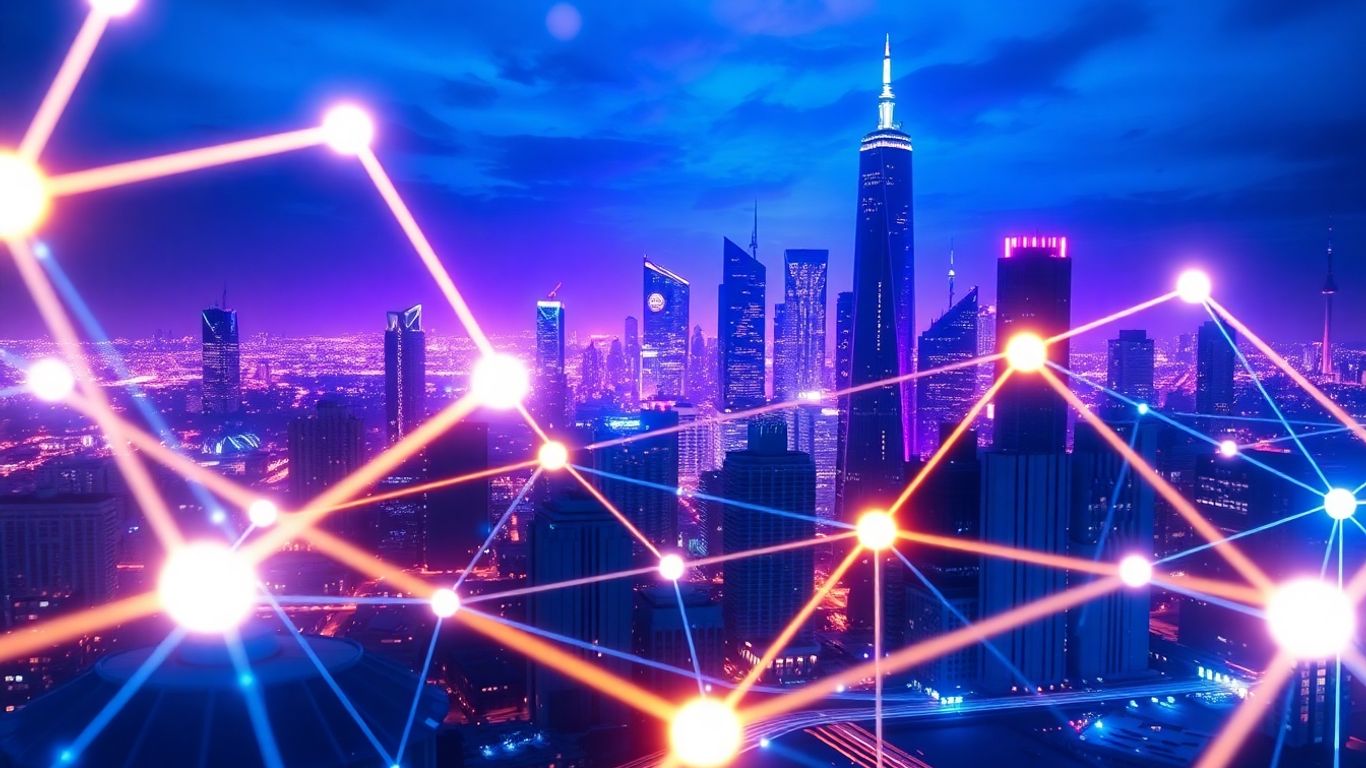 Digital cityscape with glowing interconnected lines and futuristic architecture.