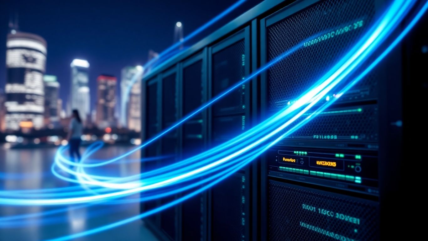 Edge computing server with light trails and cityscape.