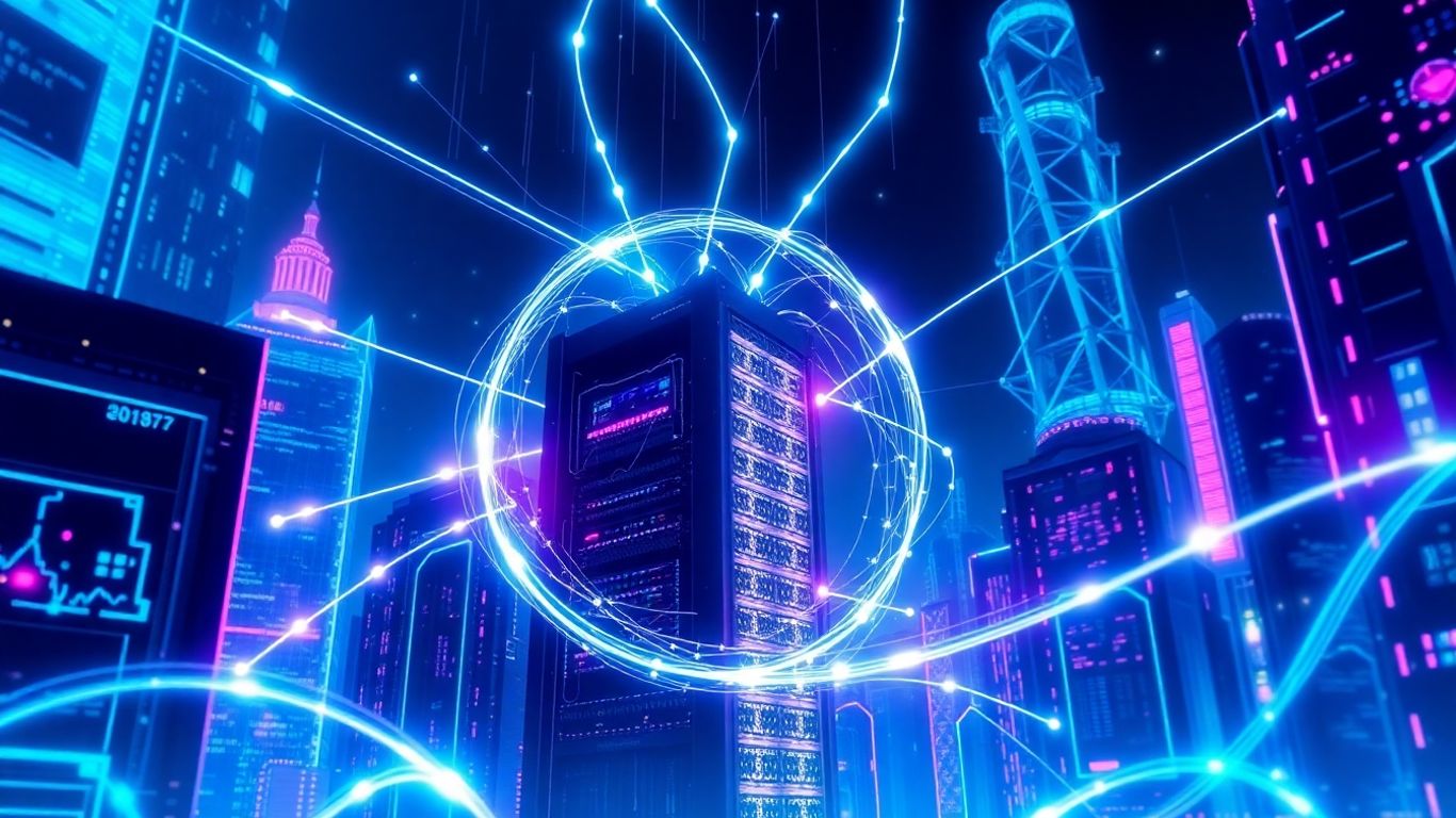 Futuristic cityscape with data streams and server rack.