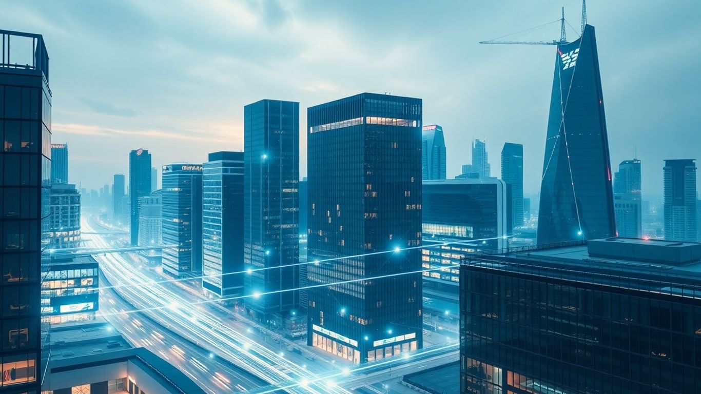 Futuristic cityscape with digital connections