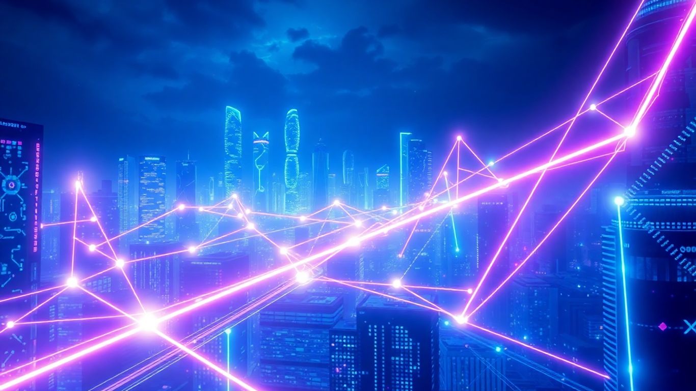 Futuristic cityscape with glowing digital connections
