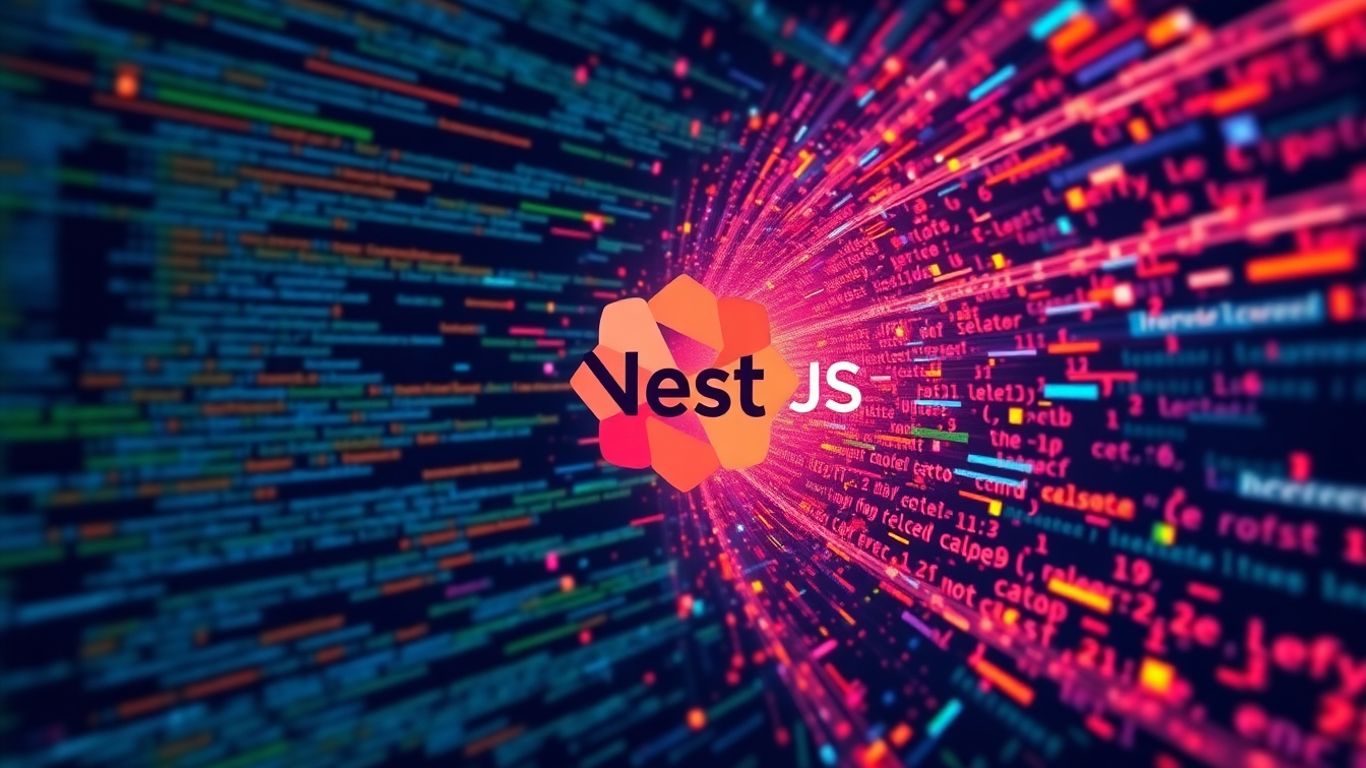 NestJS logo with abstract code and digital patterns.