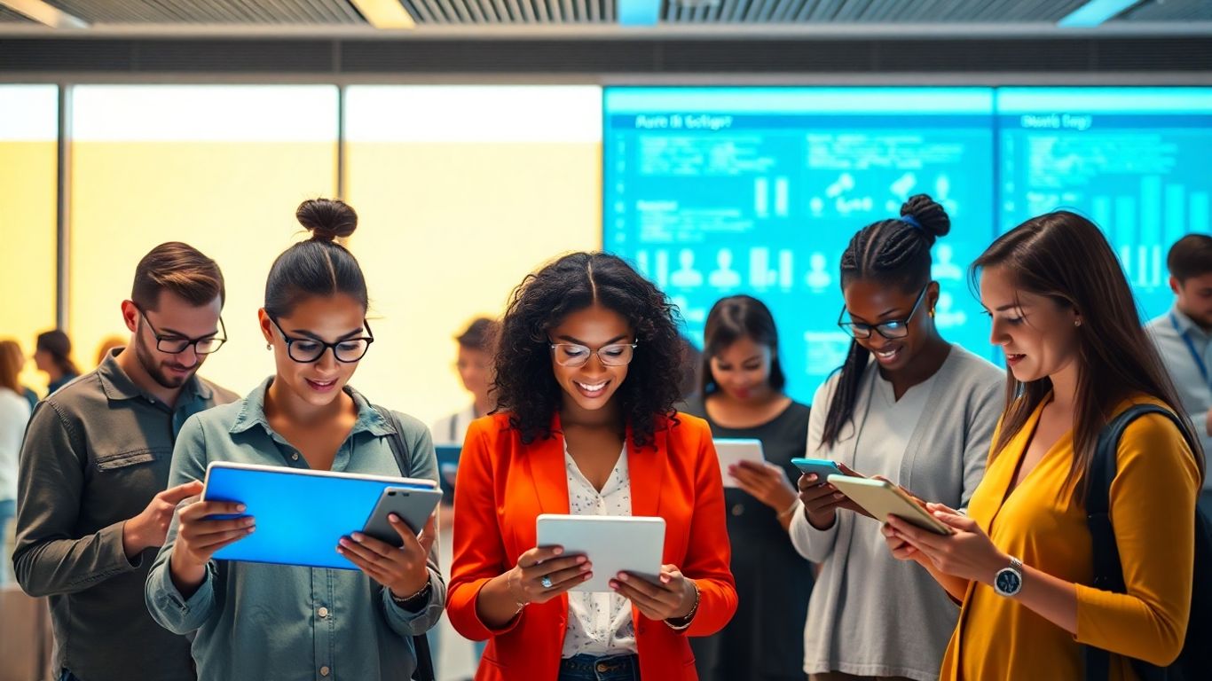 People using technology with accessibility features.