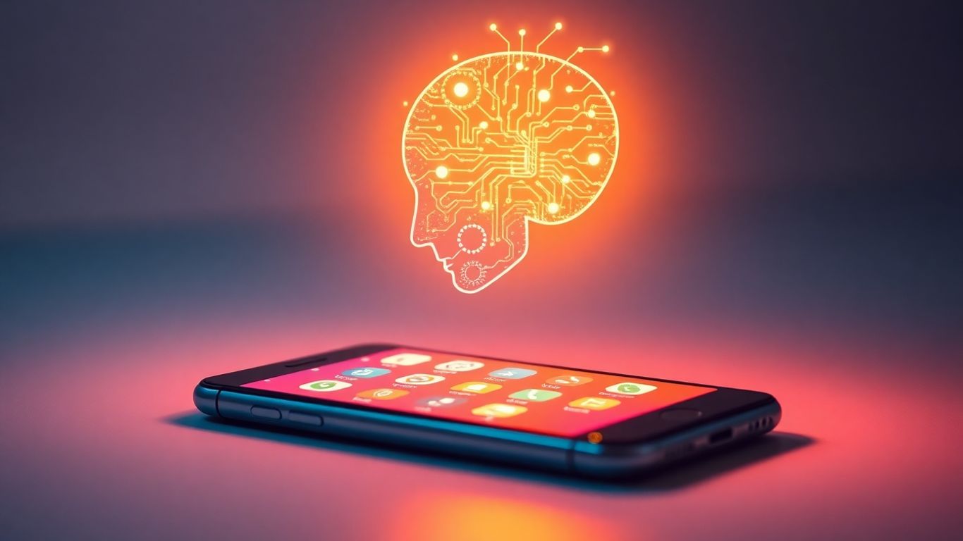 Smartphone with AI interface and abstract human head.