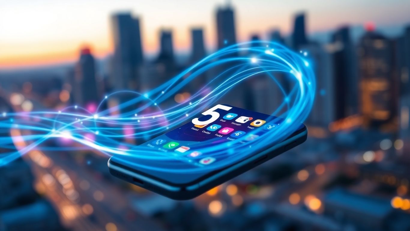Smartphone with glowing 5G signals and app interfaces.